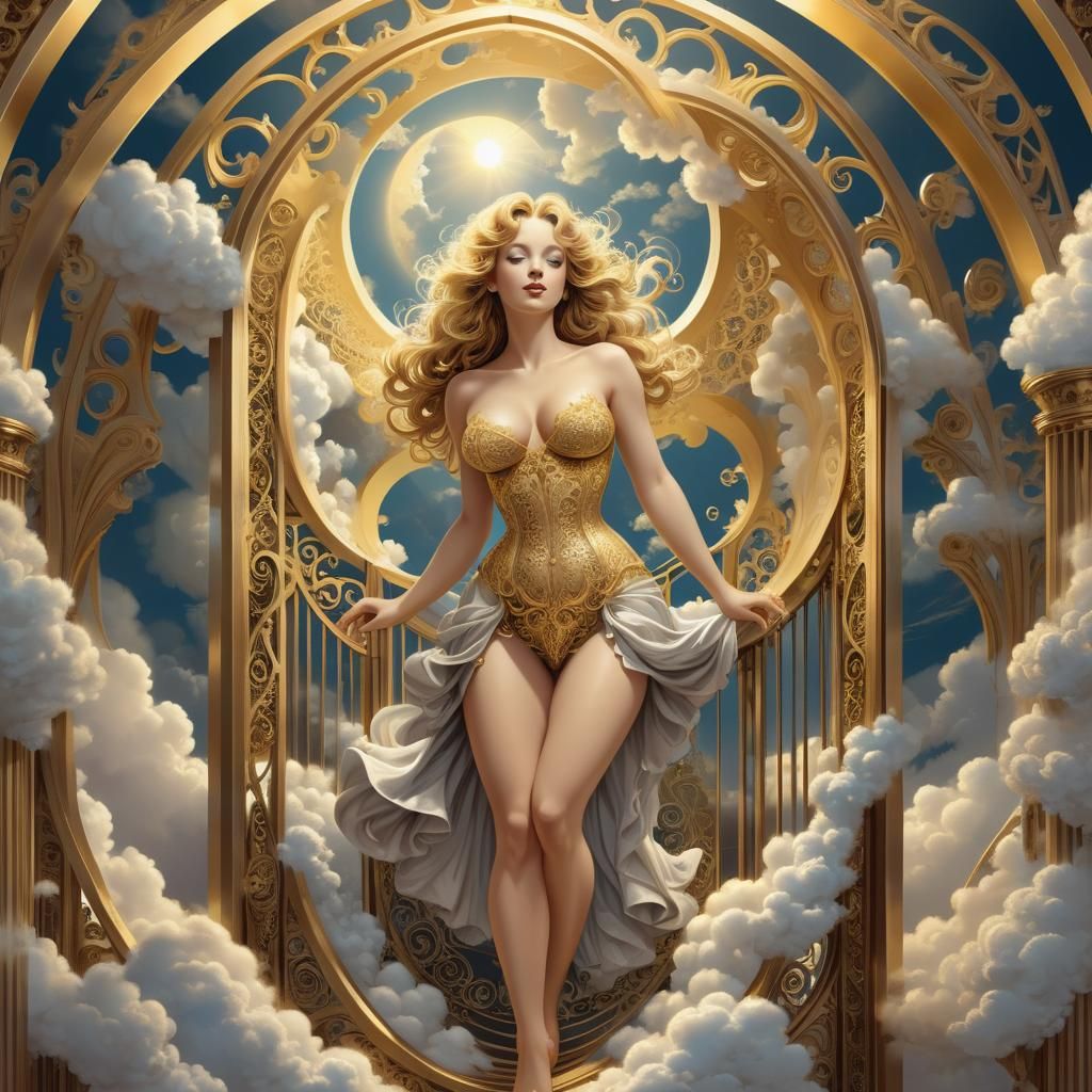 Angelic Pinup at Golden Gates in Spiritual Art Style