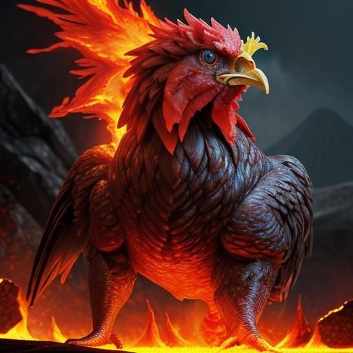 Chicken Boss Fight in Fire and Lava: Hyperrealistic Art