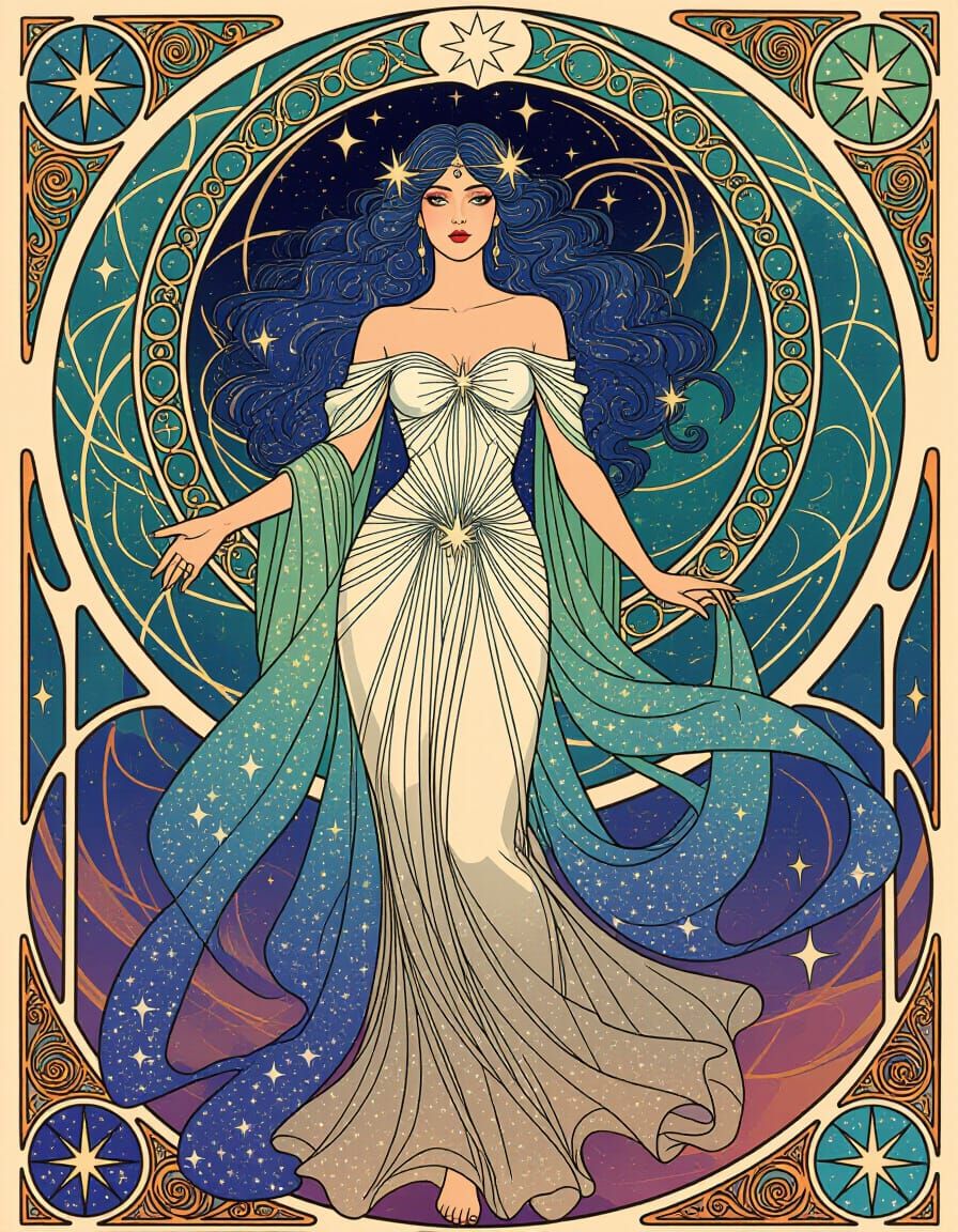 Celestial Sorceress with Starry Hair in Art Nouveau Style