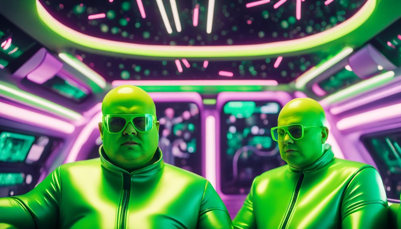 Overweight Men in Neon Suits Driving Spaceship