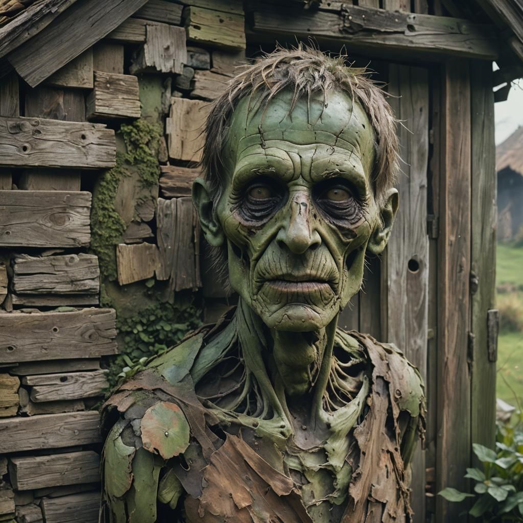 Decaying Human by Ancient Cottage in Neo-Noir Style