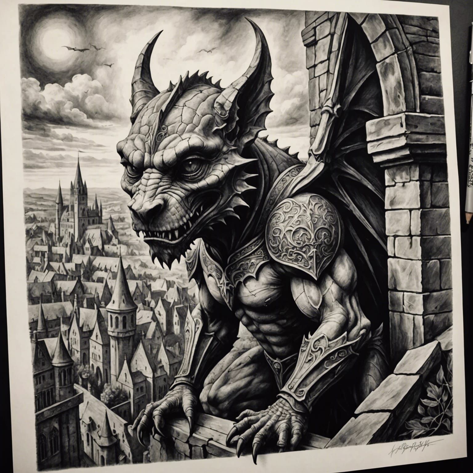 Gargoyle Landscape Tattoo in Charcoal Style