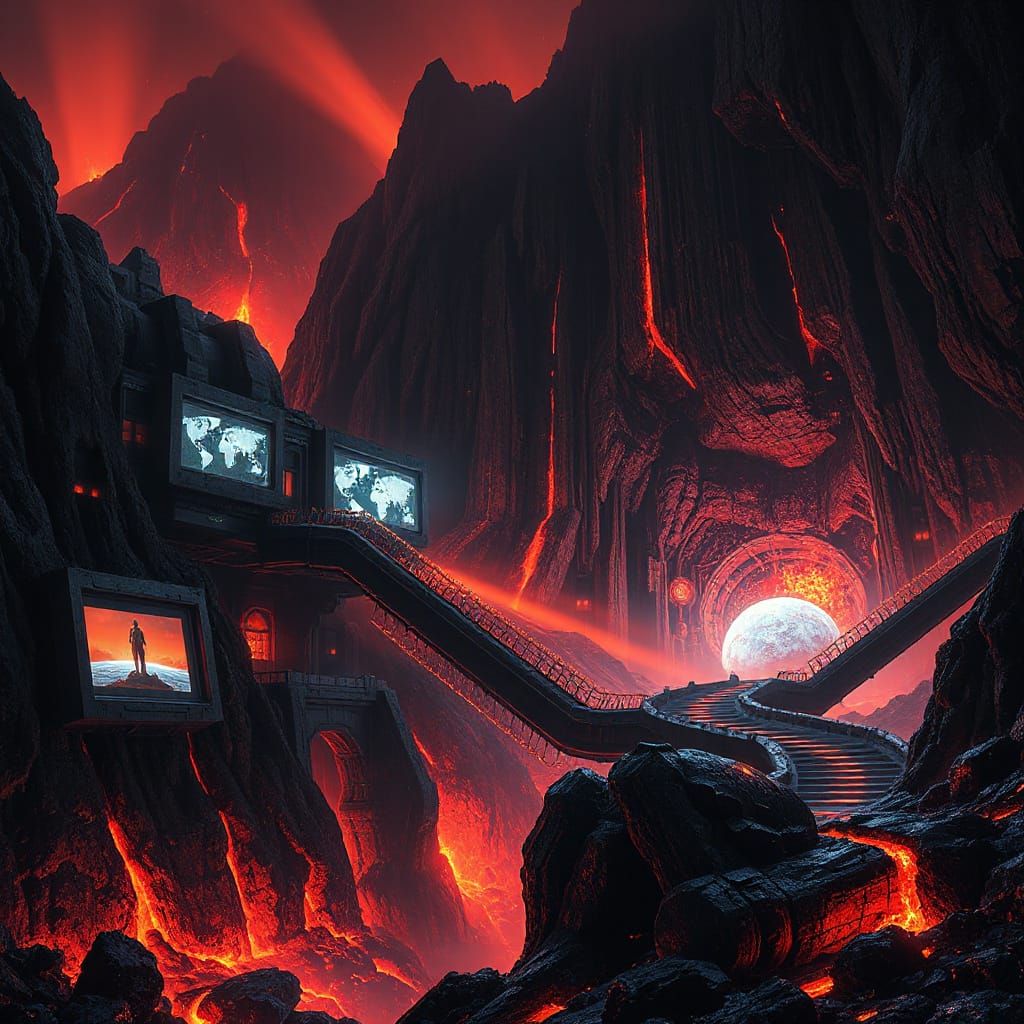 Epic Volcanic Lair with Mechanical Arms and Holograms