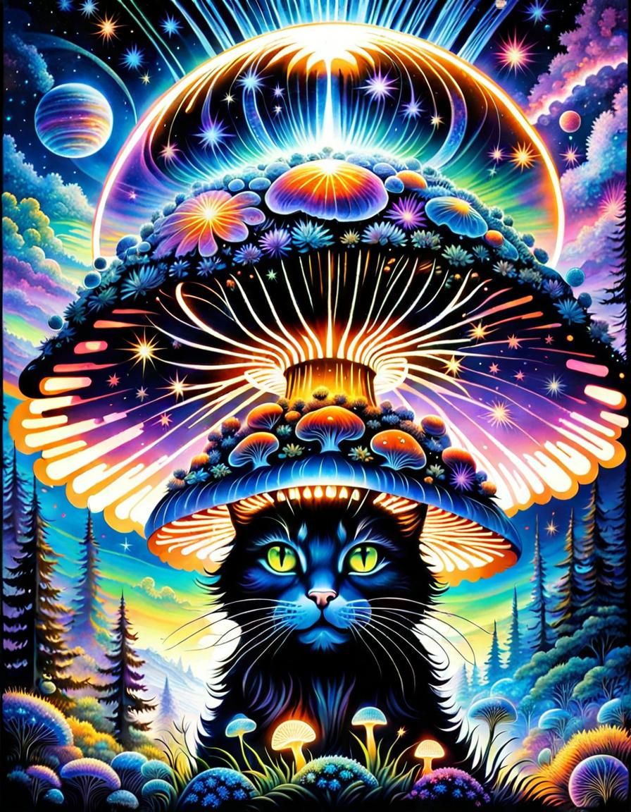 Intergalactic Mushroom Cat Portrait in Black Light Style