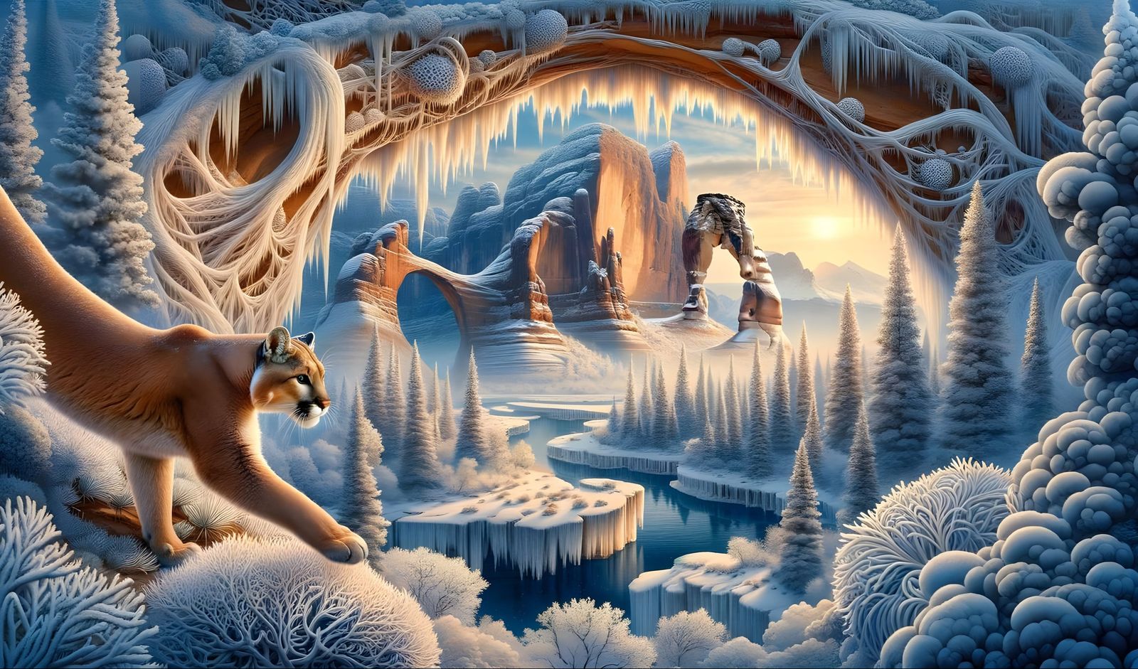 Mountain Lion in Winter Landscape Inspired by Shishkin