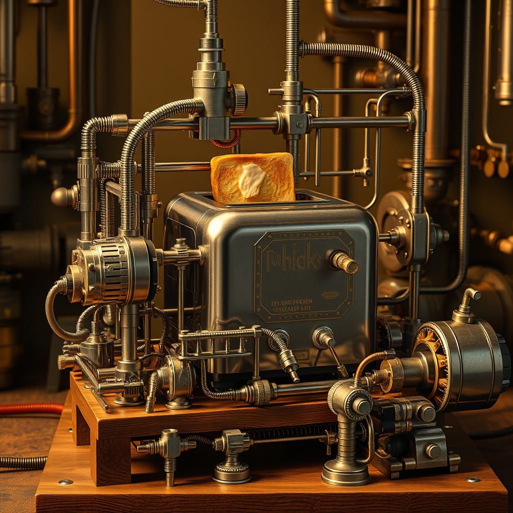 Industrial Toaster Rube Goldberg Machine in Warm Golden Ligh...