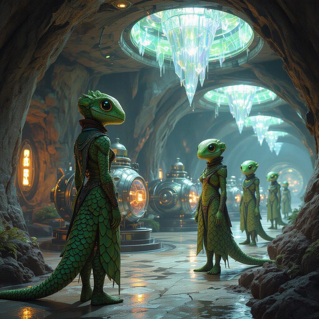 Reptilian Humanoids Operate Machines in Bioluminescent Caver...