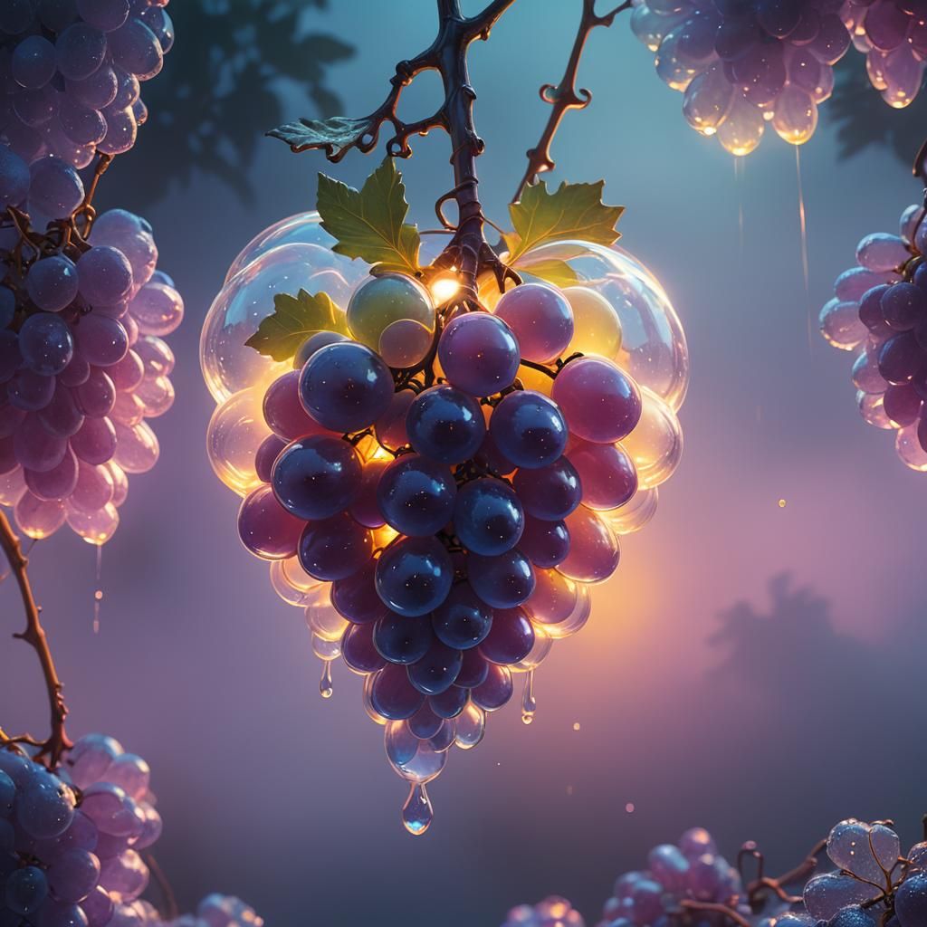 Radiant Glass Grape in Rainbow Mist: Digital Art