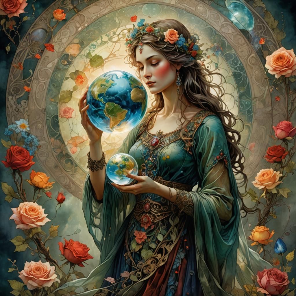 Mother Nature Goddess Holding Glass Earth
