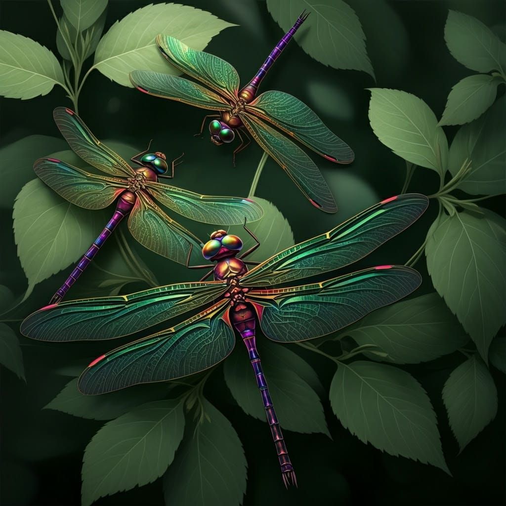 Vibrant Iridescent Dragonflies in Hyper-Realistic Digital Ar...