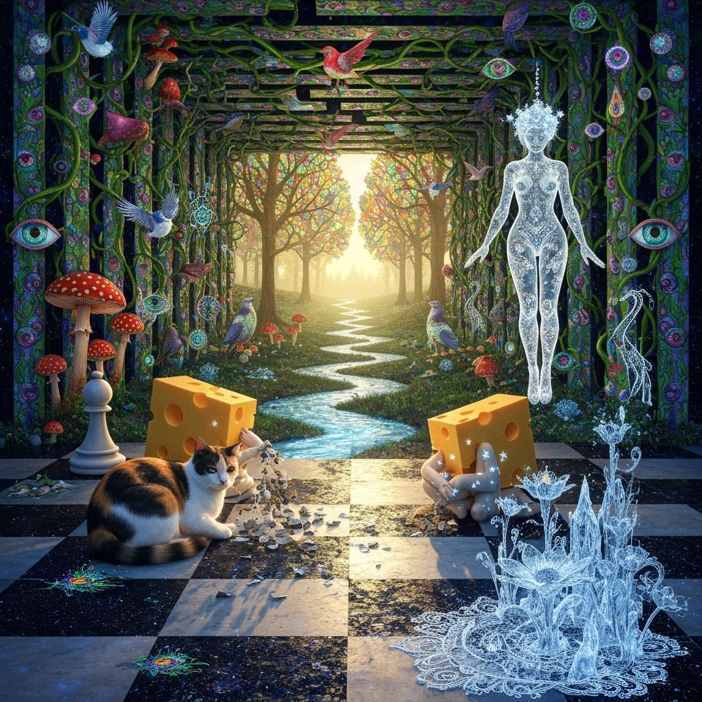 Surreal Chessboard Scene with Calico Cat and Cosmic Queen
