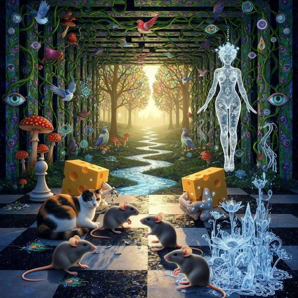 Calico Cat and Cosmic Chess Set in Surreal Bio-Art Style