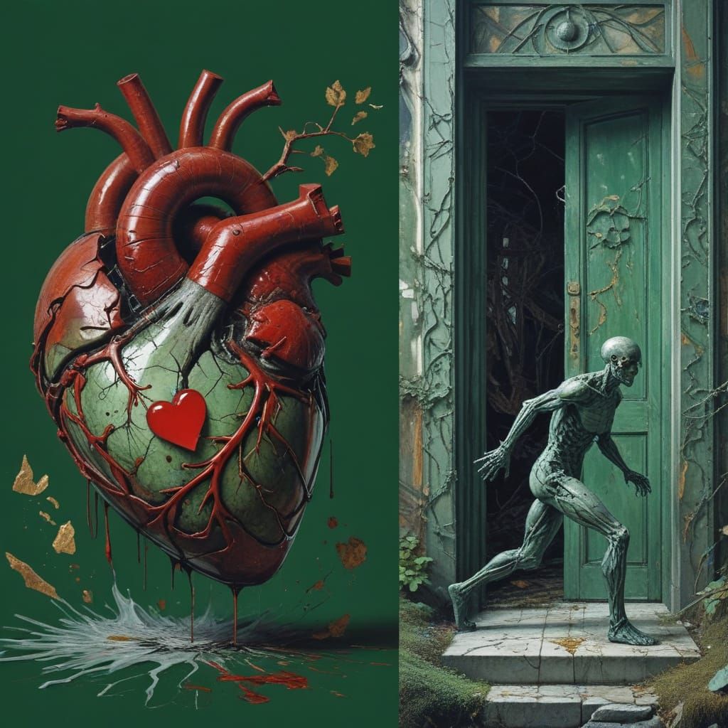 Shattered Heart on a Velvet Sofa in a Haunted, Biomechanical...