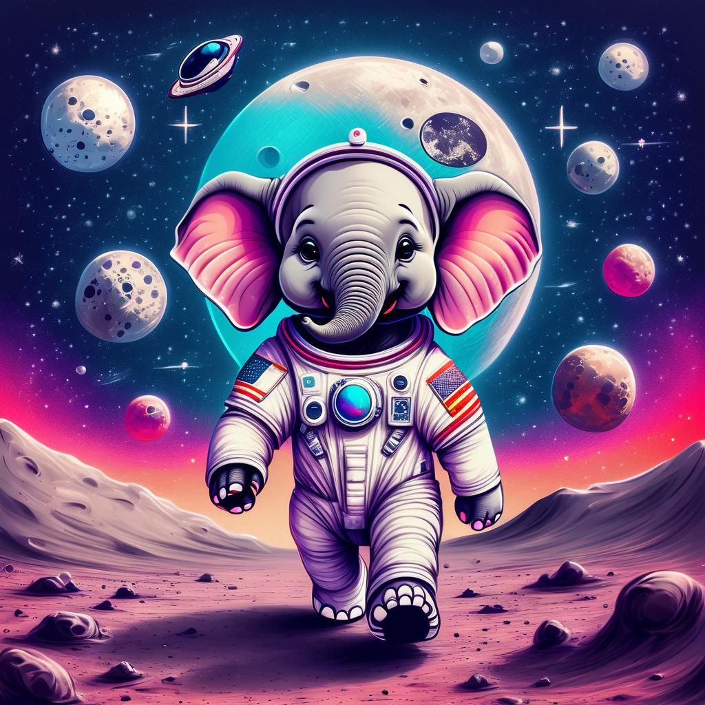Baby Elephant Astronaut on the Moon Illustration
