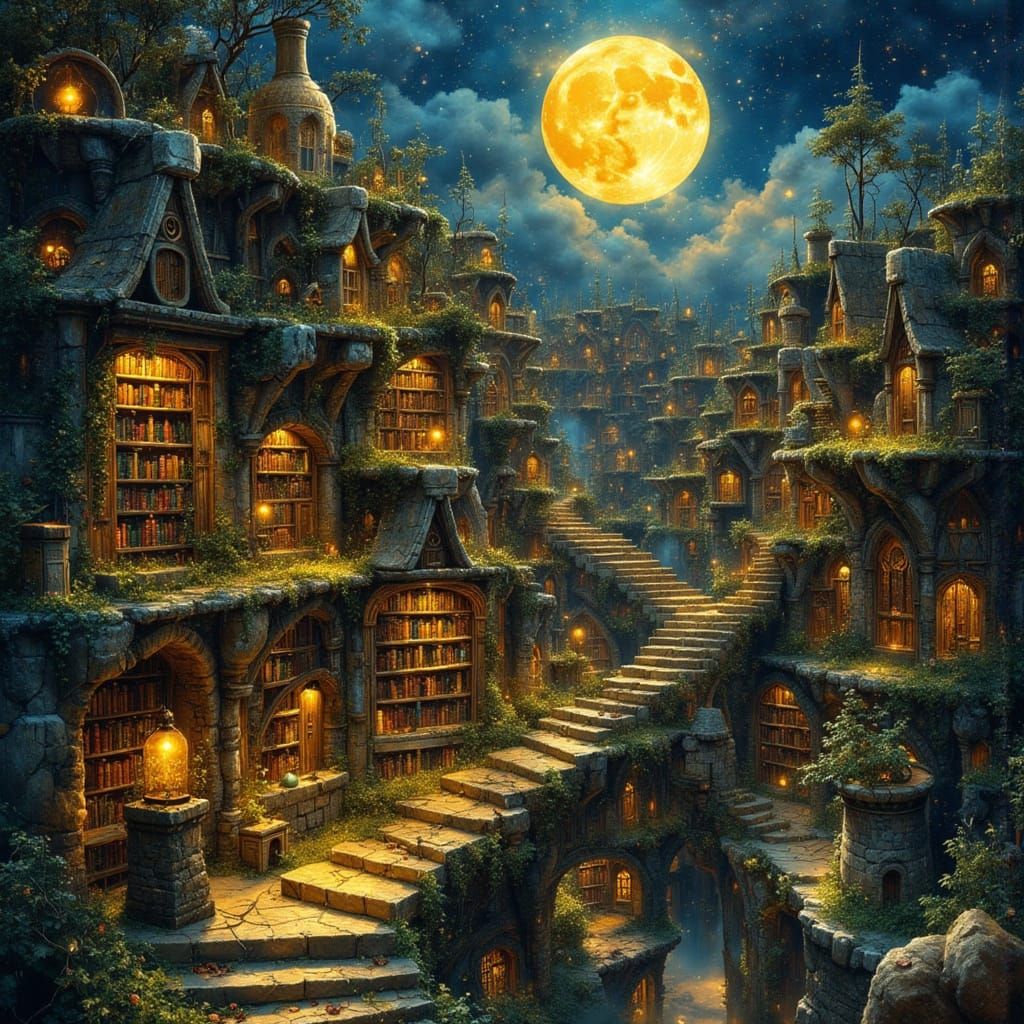 Magical Library Under a Glittering Sky in Anime Style