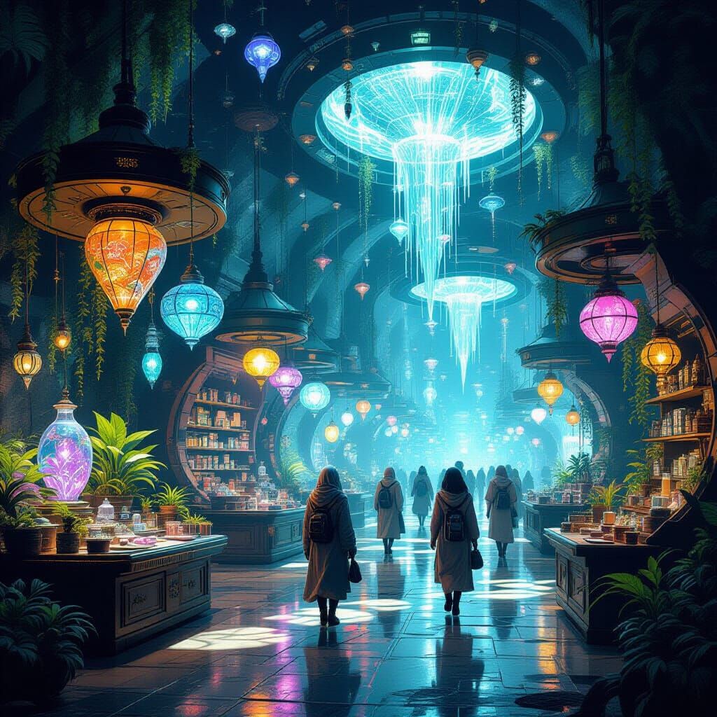 Floating Bazaar in Zero Gravity: Sci-Fi Surrealism