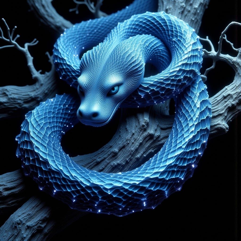 Iridescent Viper Coiled on Branch in Surrealist Style