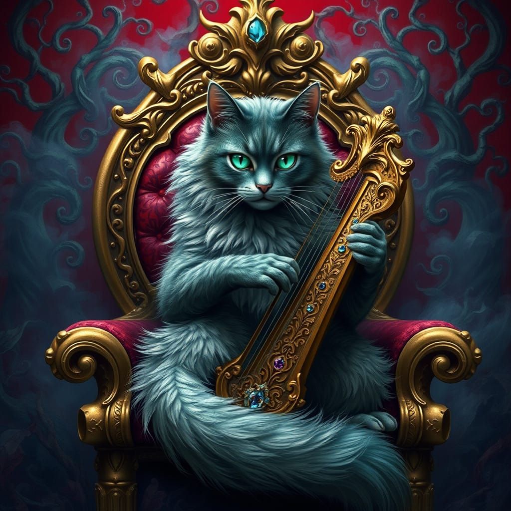 Whimsical Feline Virtuoso in Ancient Forest Majesty