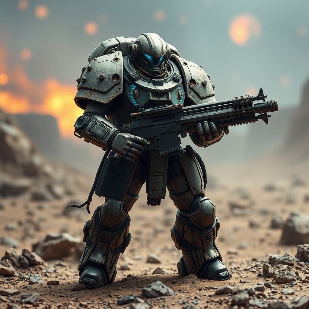 Cybernetic Space Warrior Stands Tall on Barren Alien World