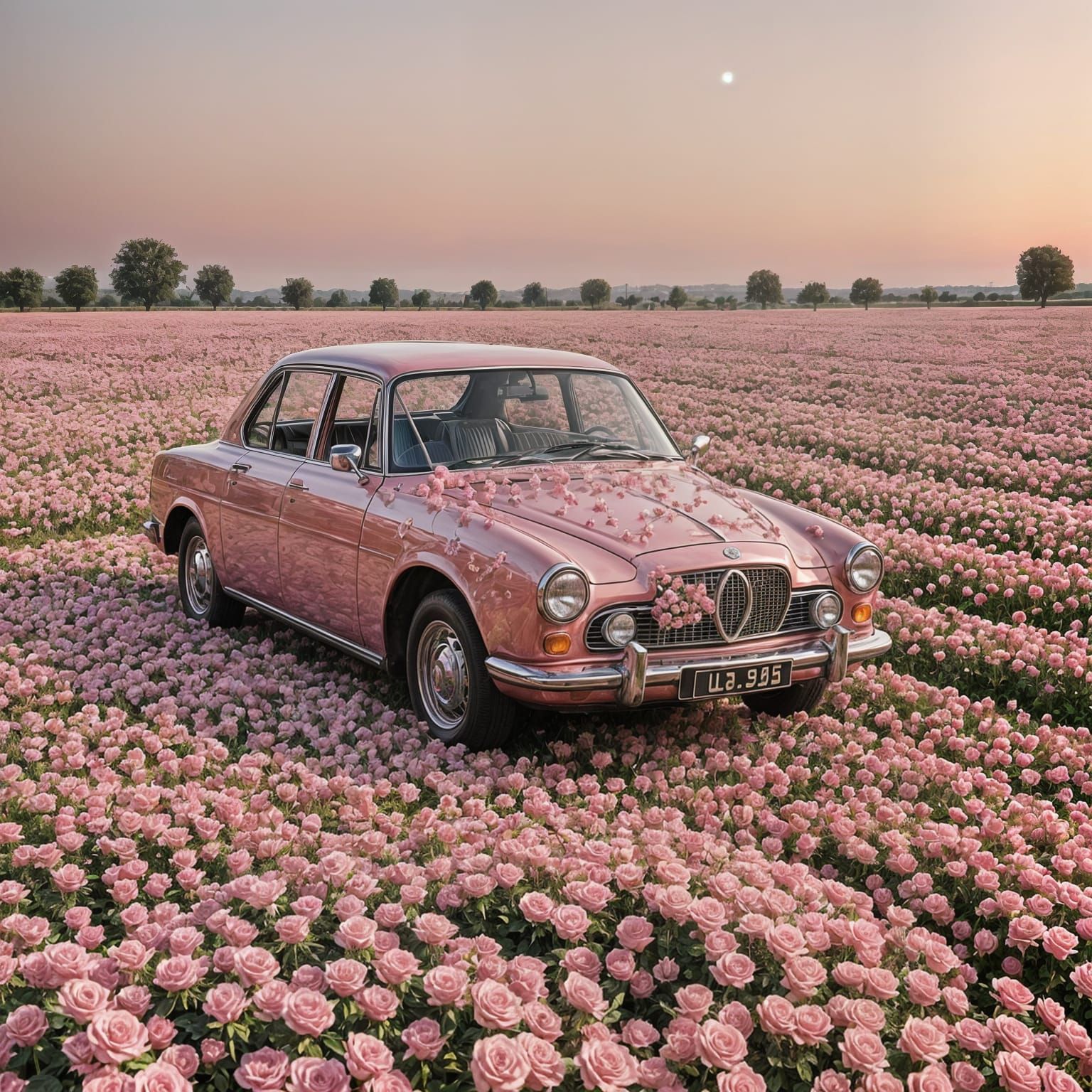 Car in Infinite Rose Field with Pink Sky