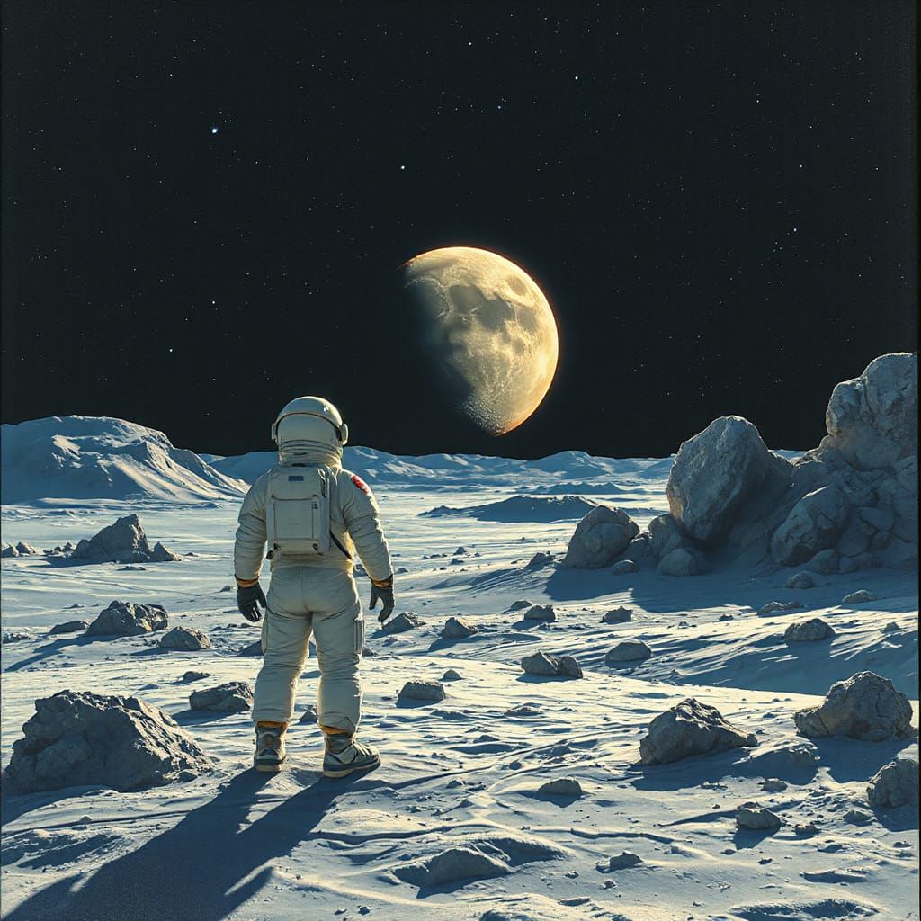 Astronaut Earthrise on the Moon in Digital Painting Style