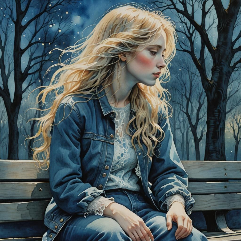 Woman with Blond Hair on Park Bench, Watercolour Painting