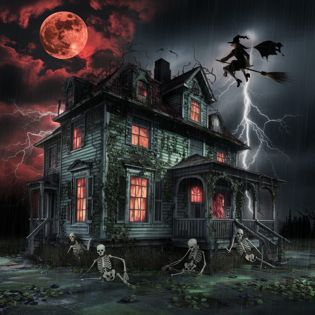 Hyper-Realistic Haunted House with Witch and Skeletons