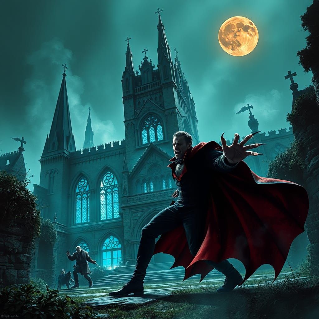 Dracula vs Wolf Man Under Red Moon