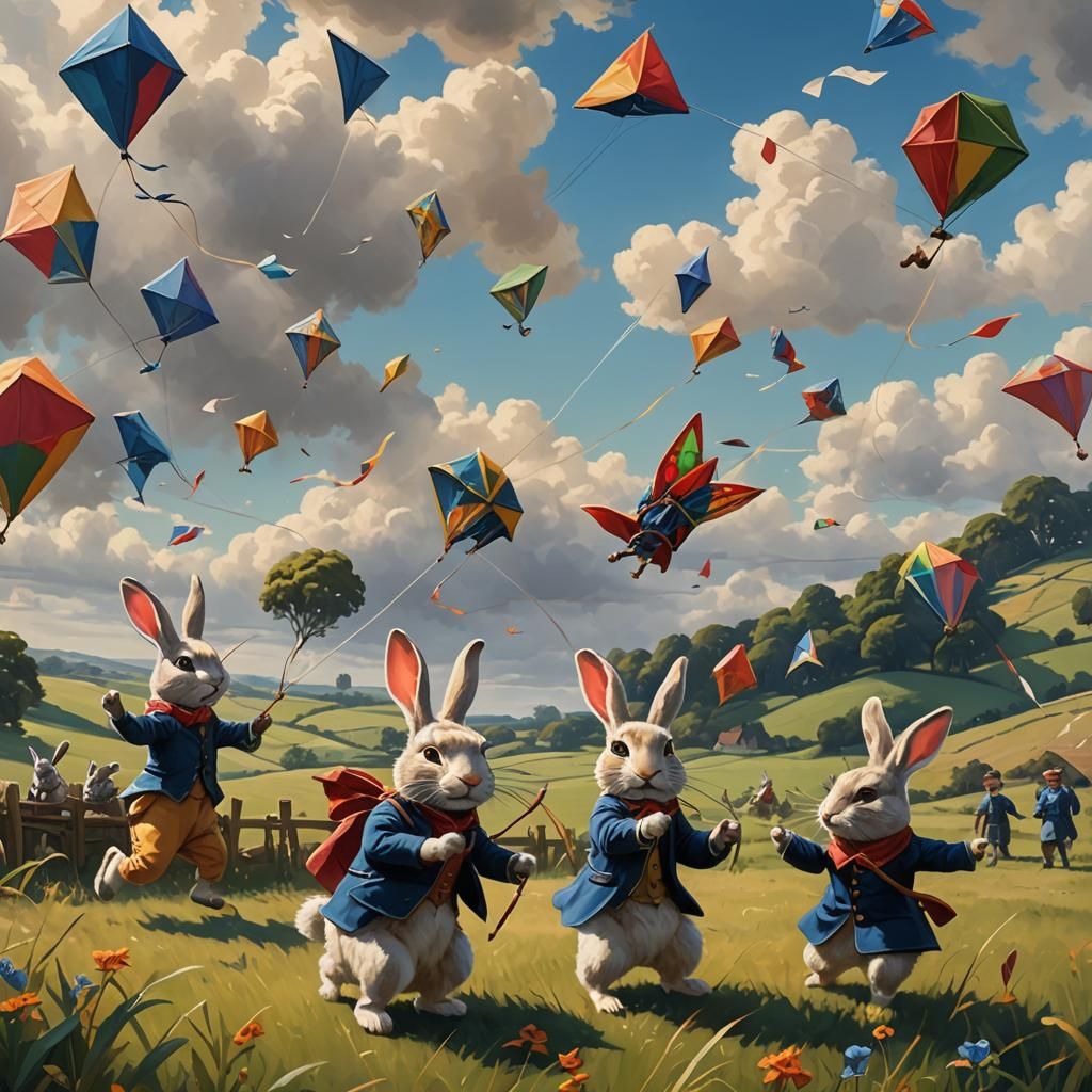 Anthropomorphic Rabbits with Kites: Acrylic Painting