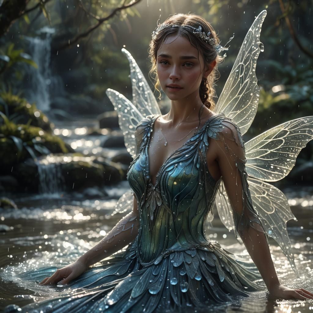 Water Fairy with Dewdrop Wings in River Landscape