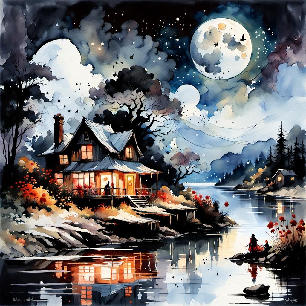 Dark Landscape with River in Watercolor Art Style