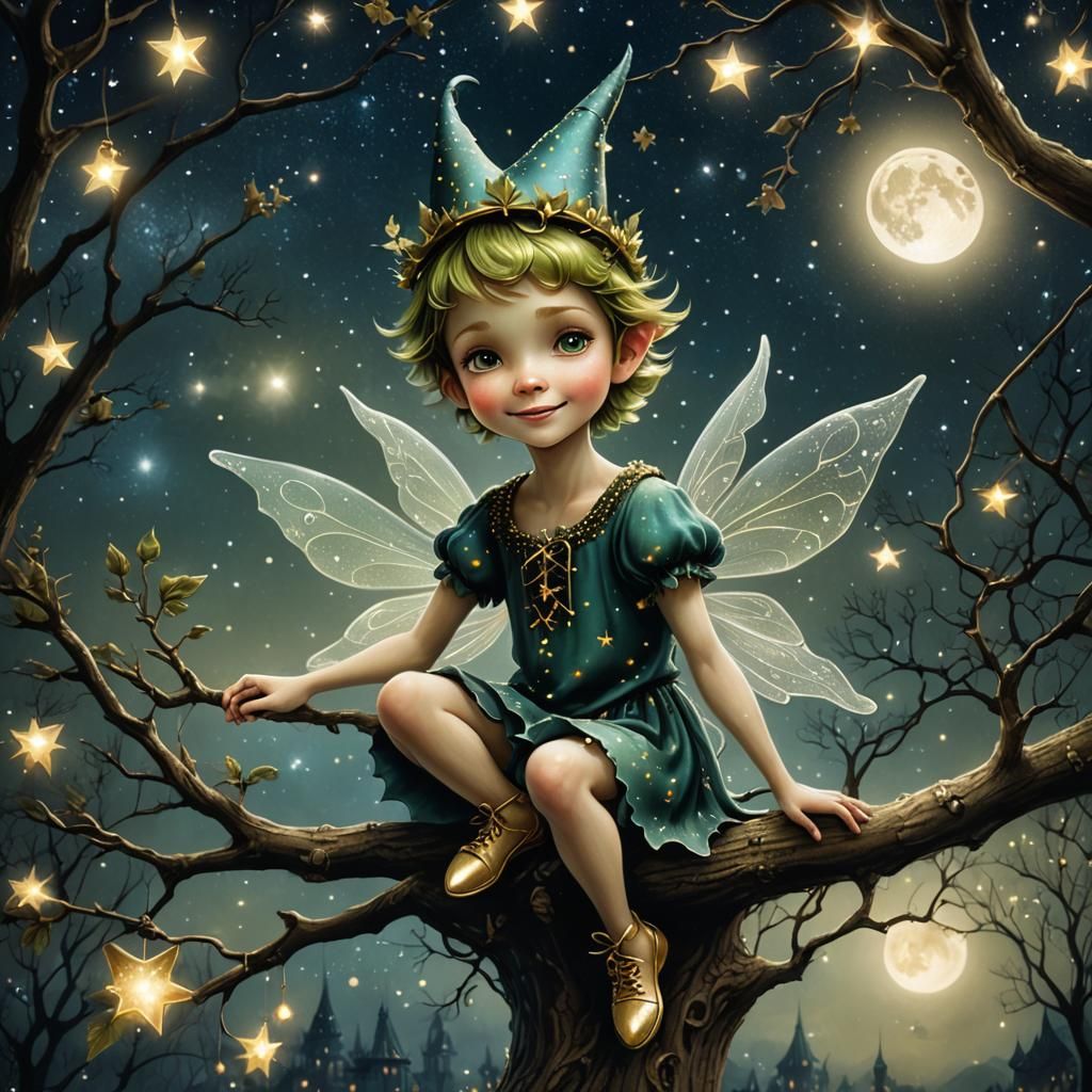 Fairy in Nightcap Under Moon in Surreal Pop Art