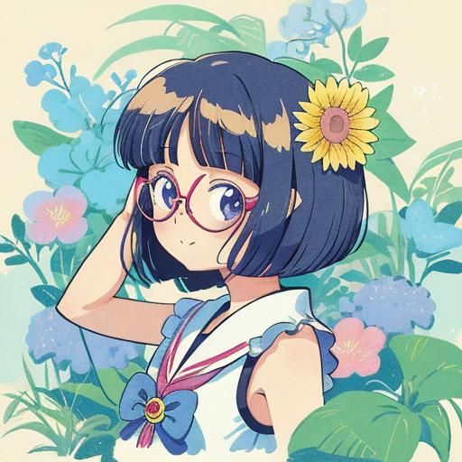 80s Anime Woman in Bathing Suit with Flowers