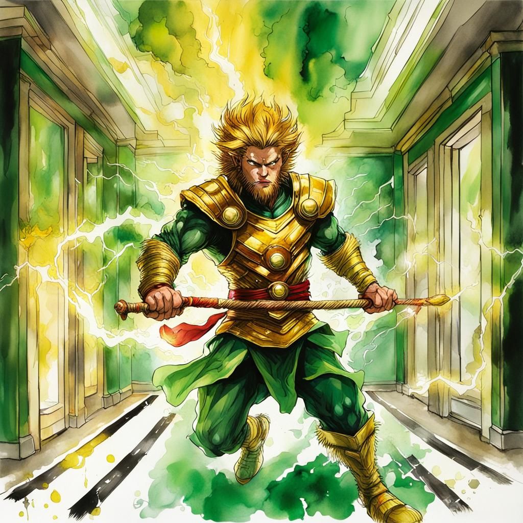 Sun Wukong Deflecting Lightning: Alcohol Ink Fantasy