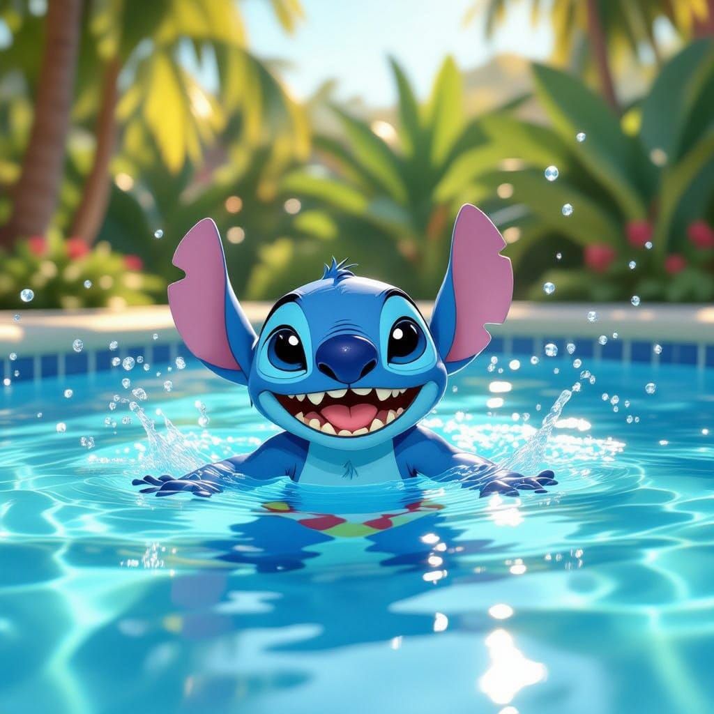 Stitch Joyfully Splashing in a Bright Blue Swimming Pool