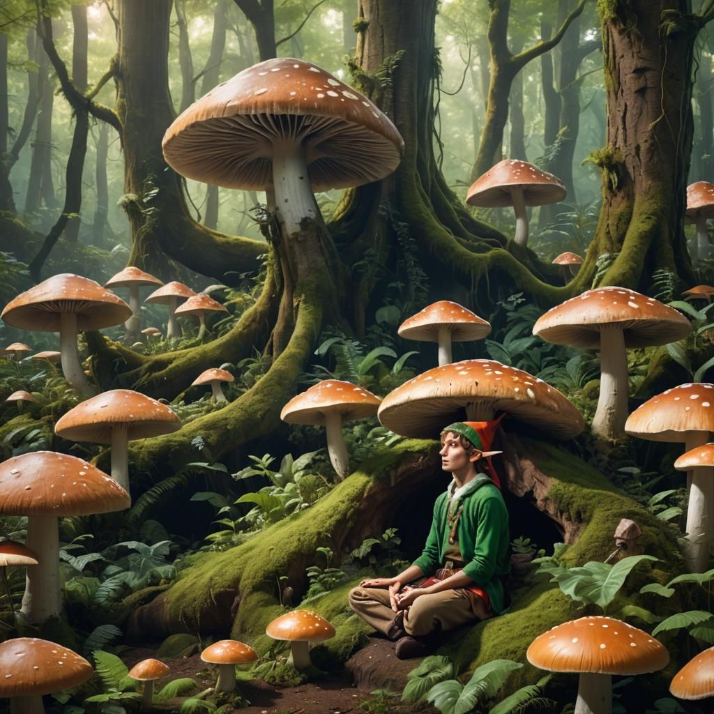 Elf Meditating Under Mushroom in Lush Forest
