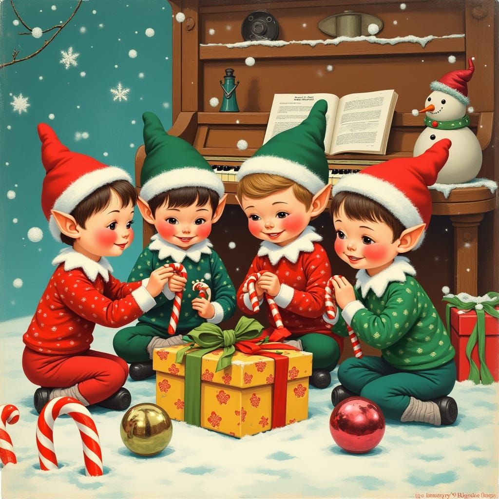 Festive Elves Wrapping Gifts: Retro Christmas Album Art