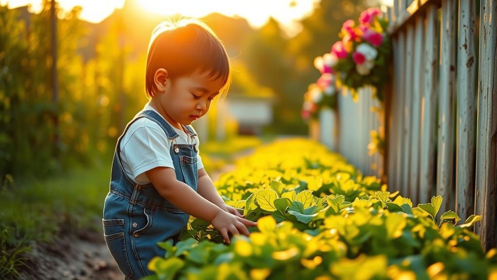Asian Child Plants Vegetables in Serene Garden with White Pi...