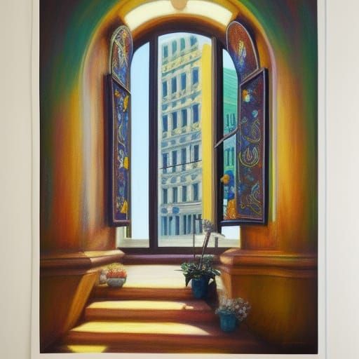 Broadway Arched Window Pastel Painting in Gouache