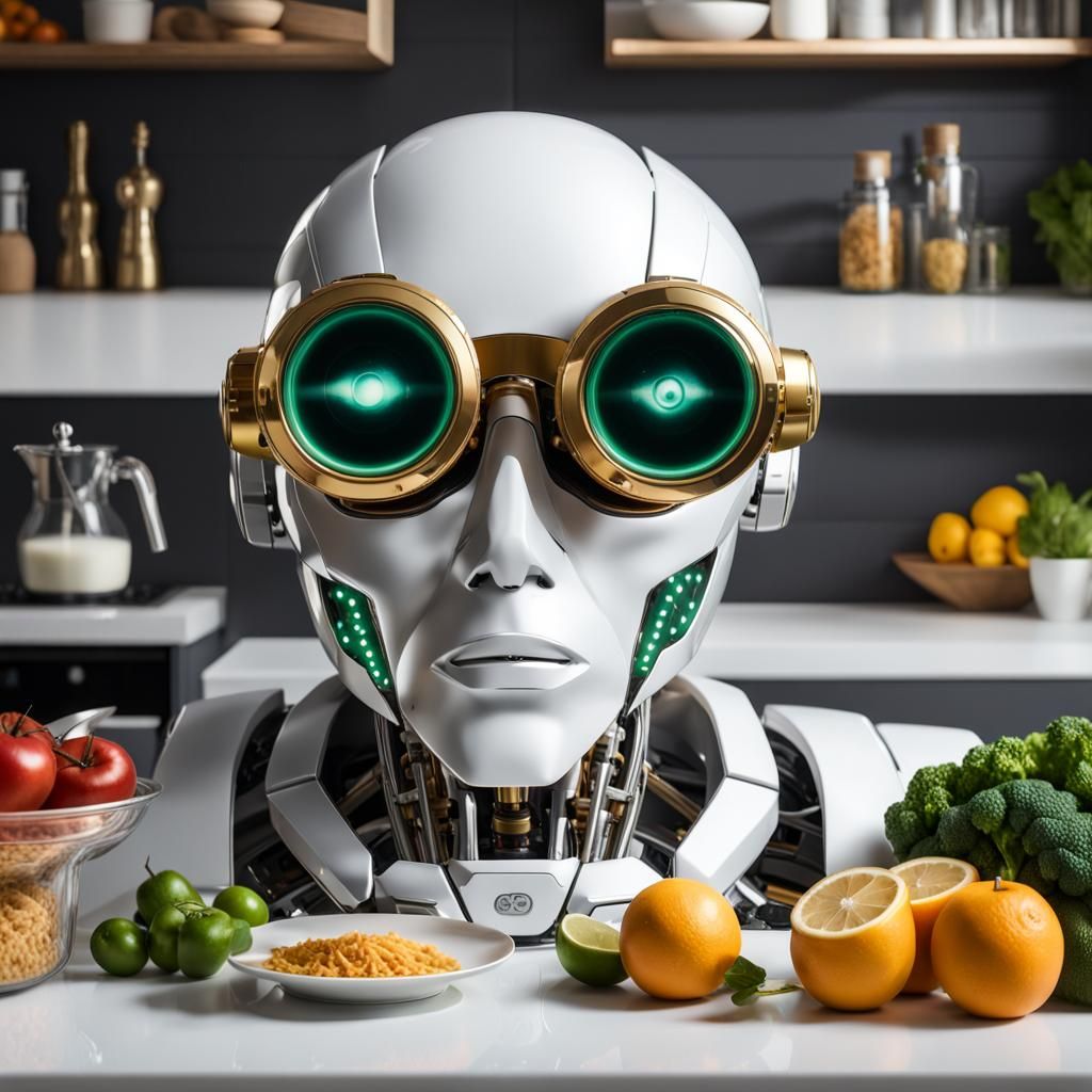 Cyborg Eyes in Spectral Kitchen, Hyperrealistic Style
