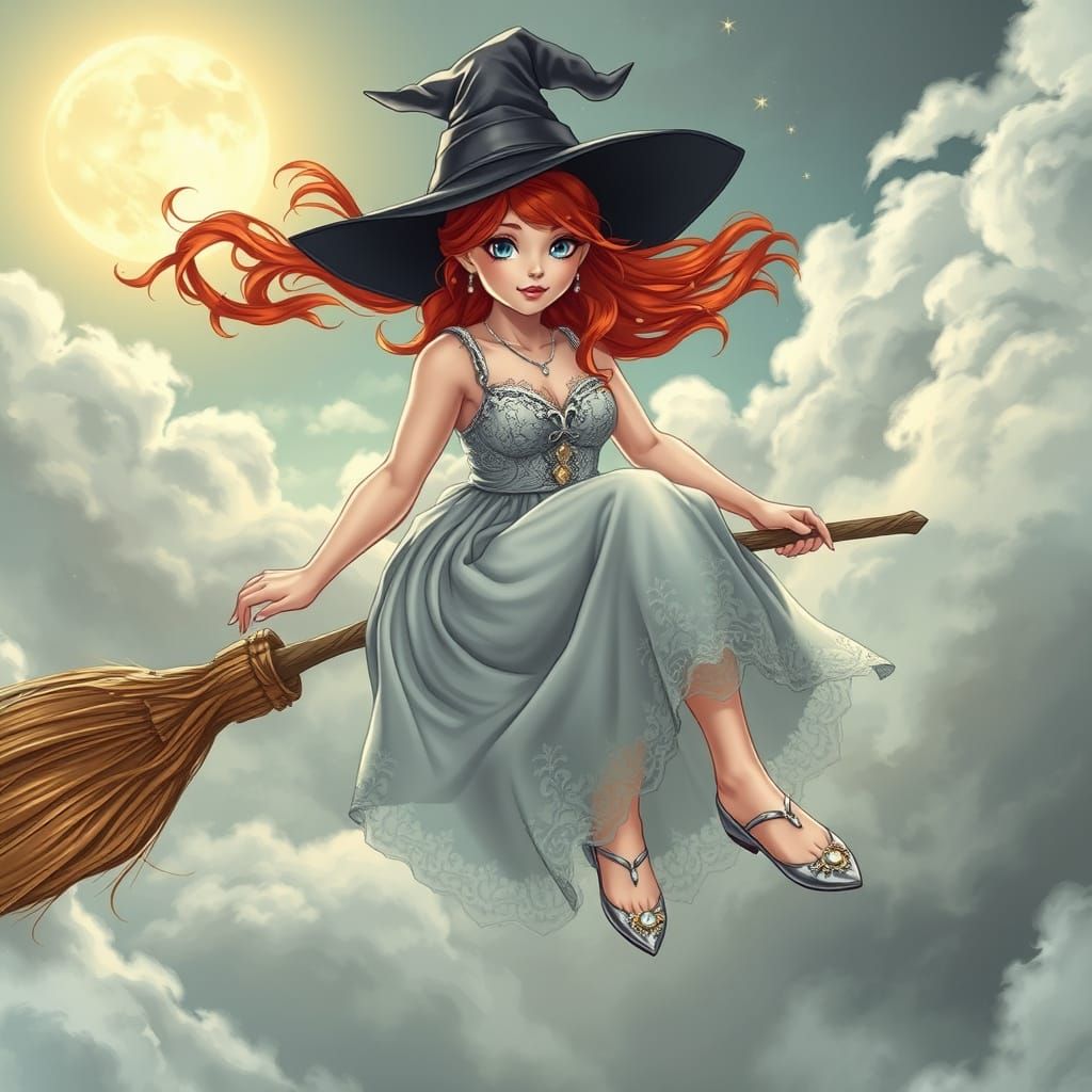 Mystical Teenage Witch Flies Under Full Moon in Comic Book S...