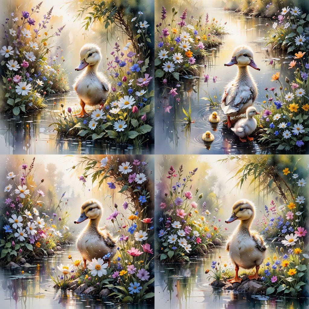 Vibrant Garden Duckling in Whimsical Watercolor Style