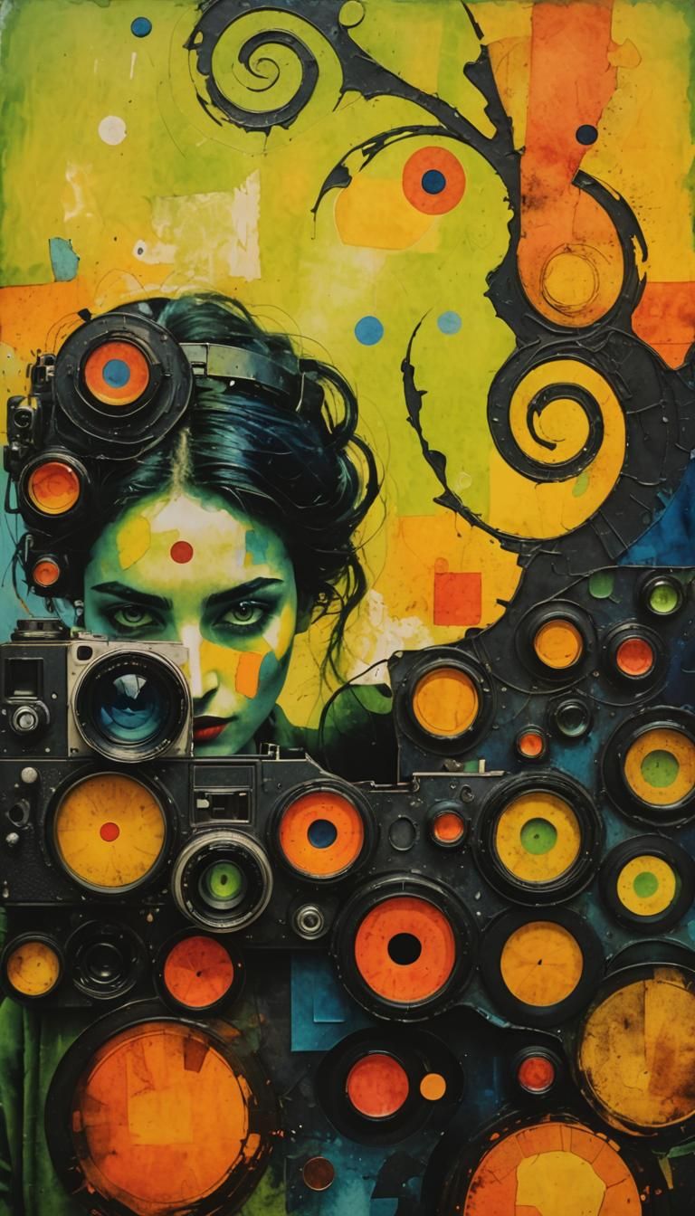 Surrealist Woman Behind Abstract Camera Lenses
