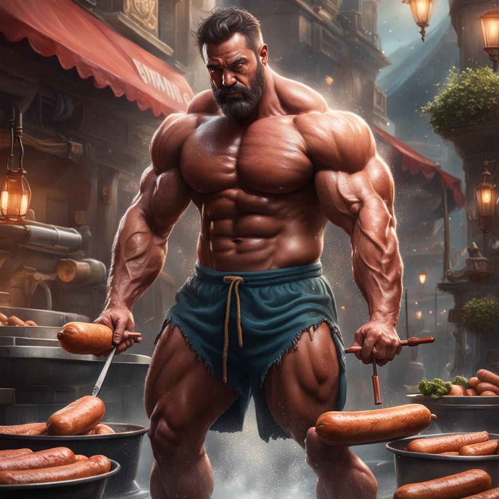 Beefy Muscle God Washing Sausages: Detailed Matte Painting