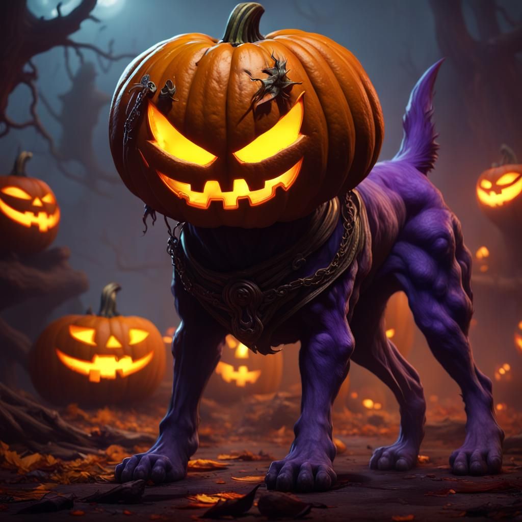 Badass Pumpkin Dog in Dark Fantasy Style