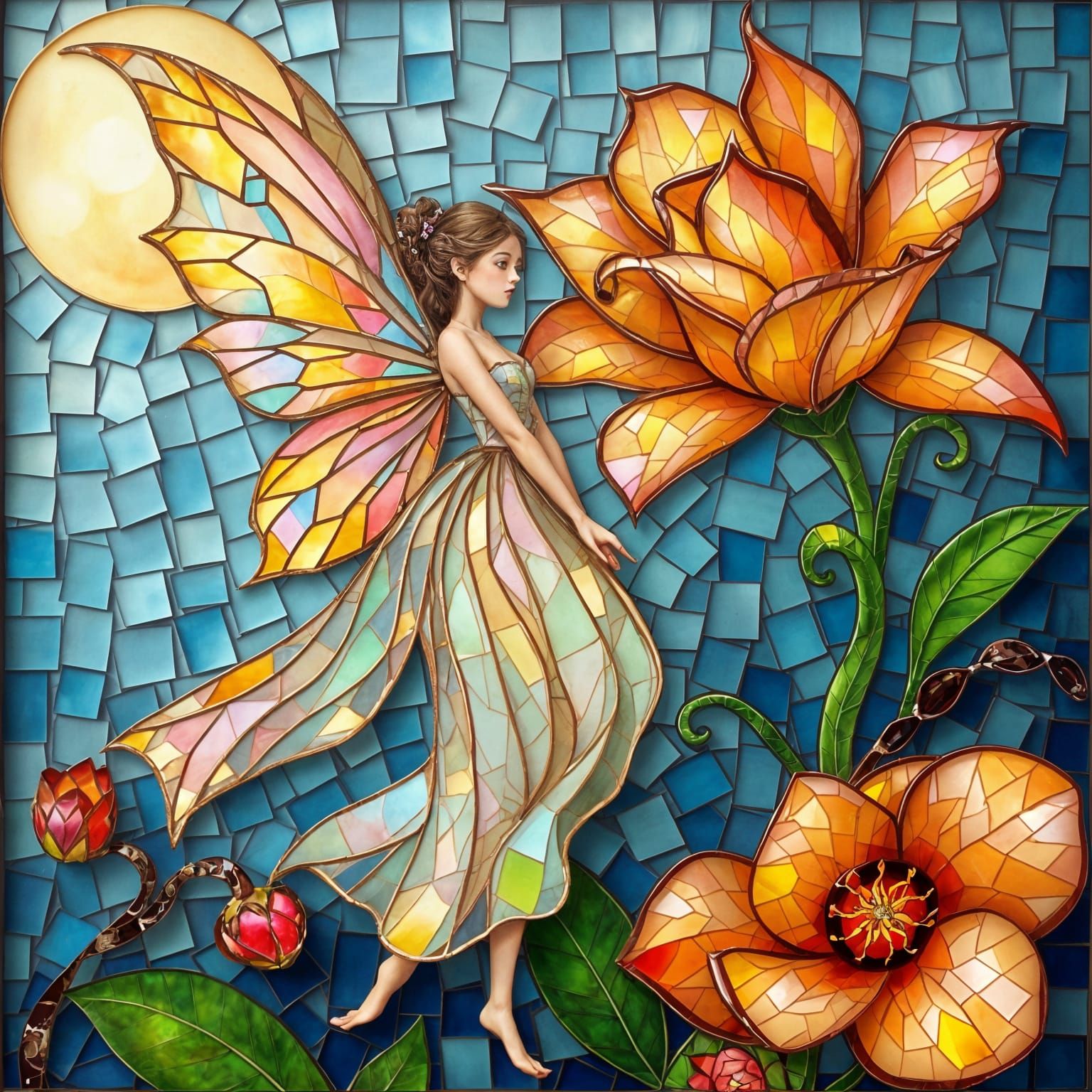 Stunning Glass Mosaic of Enchanted Fairy in Moonlit Garden