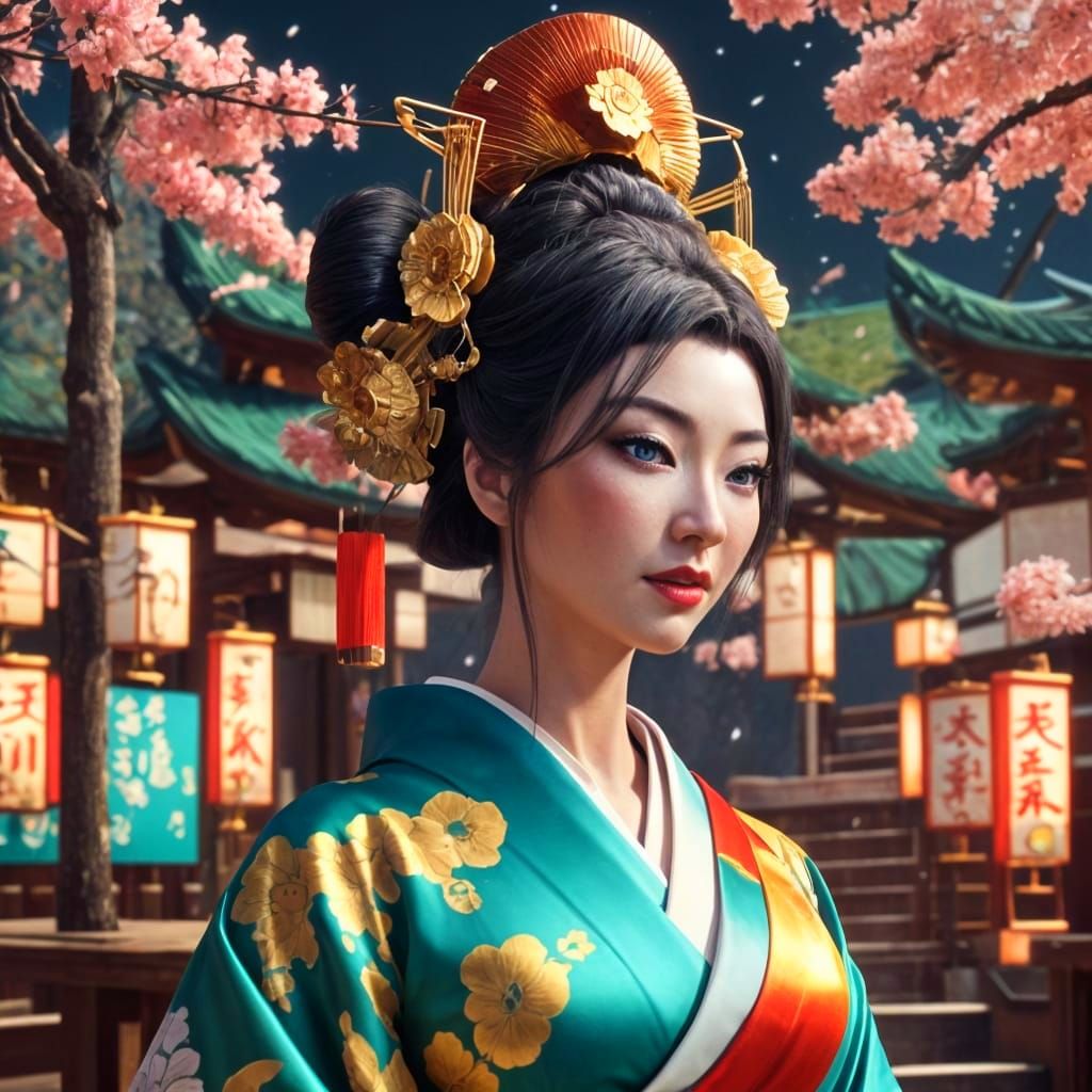 Futuristic Geisha with Metallic Kimono in Sci-Fi Style