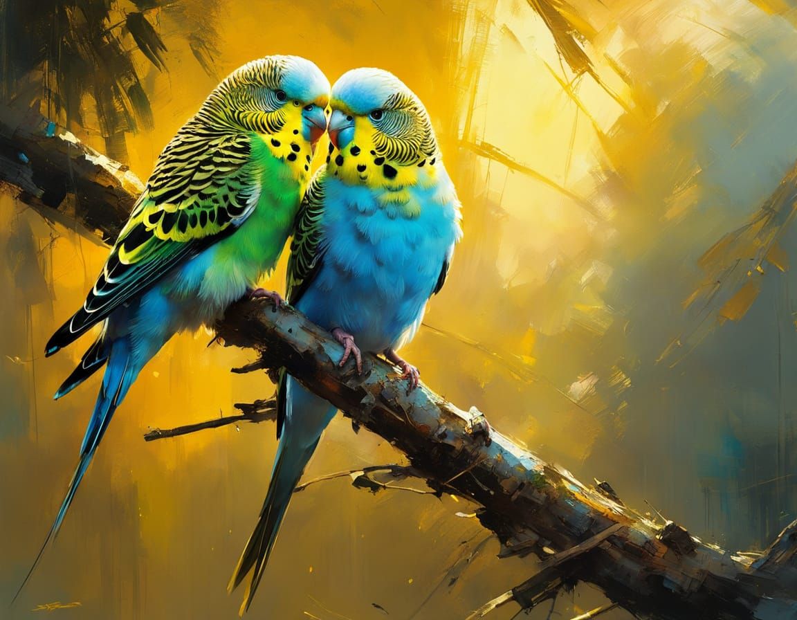 Dramatic Sunset Budgerigar Duo in Golden Light
