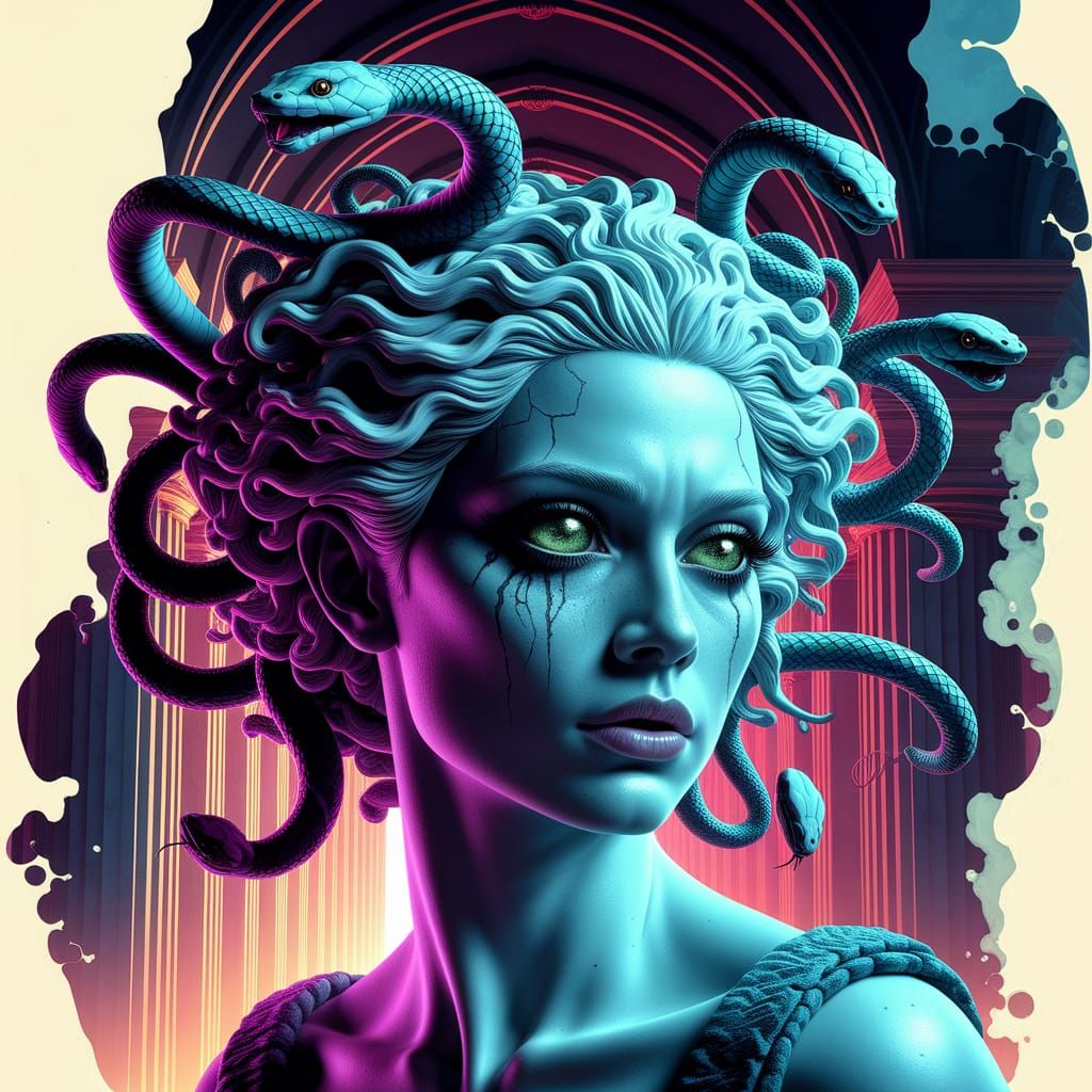 Greek Goddess Medusa's Enchanting Close-Up in a Vibrant Alco...