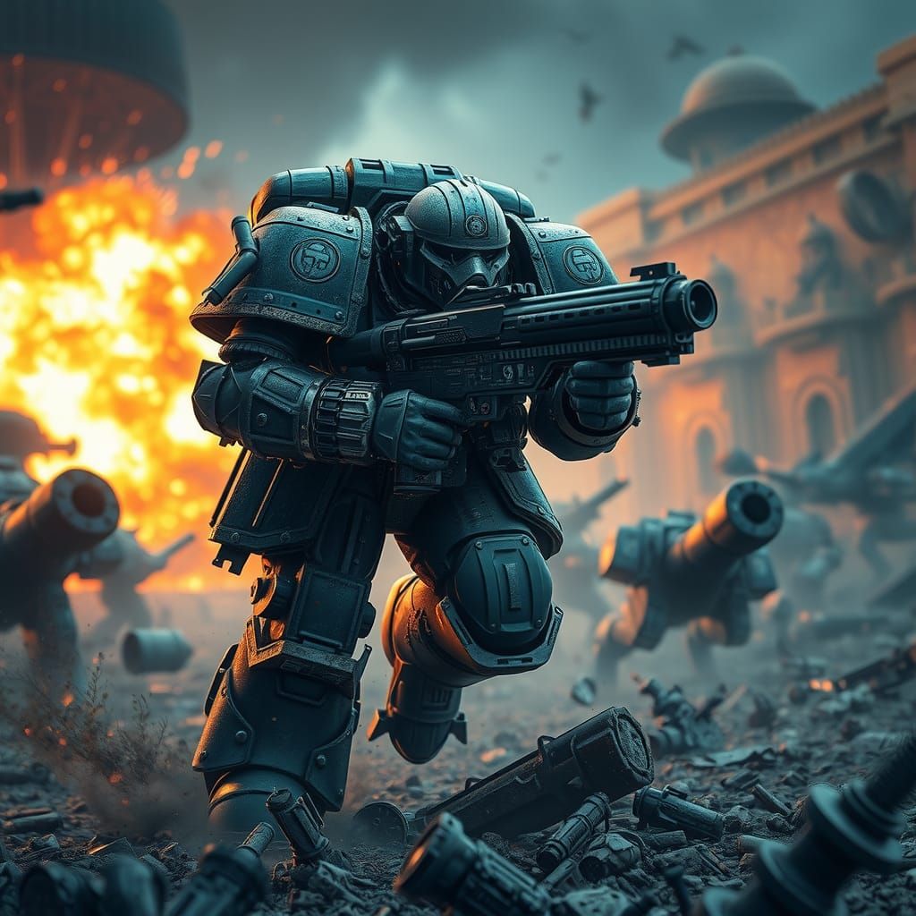 Space Marine Charging on Battlefield in Grimdark Style